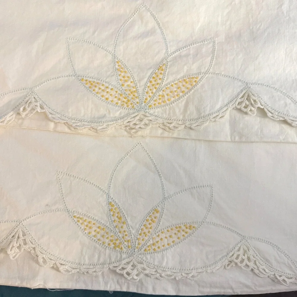 Vintage White Cotton Pillowcase Set 4 Hand Embroidered Lotus Flower Crochet Lace